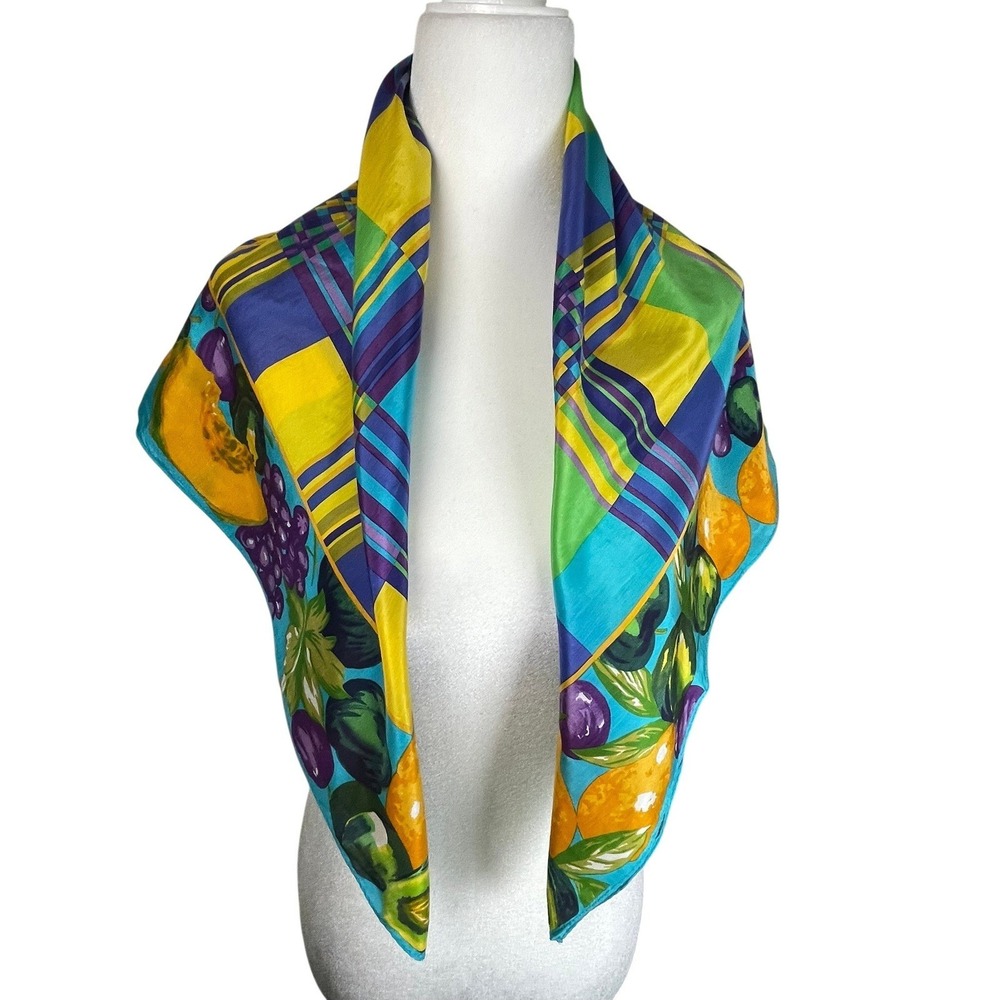 Echo Vintage Silk Blend Square Scarf Plaid Fruit Border Multicolor Made in Japan - Picture 2 of 13